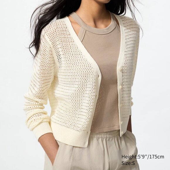 Uniqlo Women's XXS Mesh V-Neck Short Cardigan Sheer Off White Cream Linen - Picture 12 of 12